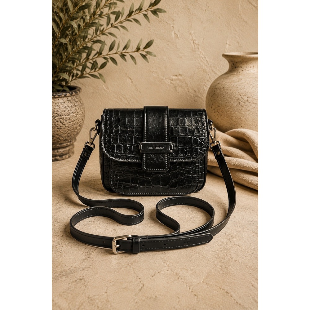 Vintage Y2K Black Leather Crossbody Bag Croc Embossed Mini Purse The Trend